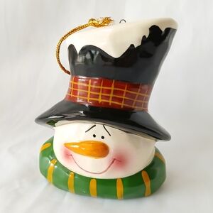 Vintage Ceramic Snowman Ornament with Black Hat
